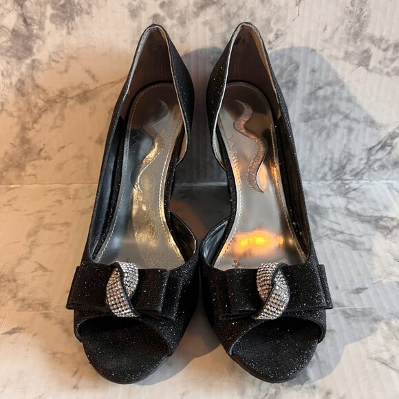 Nina Veleria Wedges Size 7 Black Glitterati Rhinestone Detail Open Toe … - Picture 2 of 12